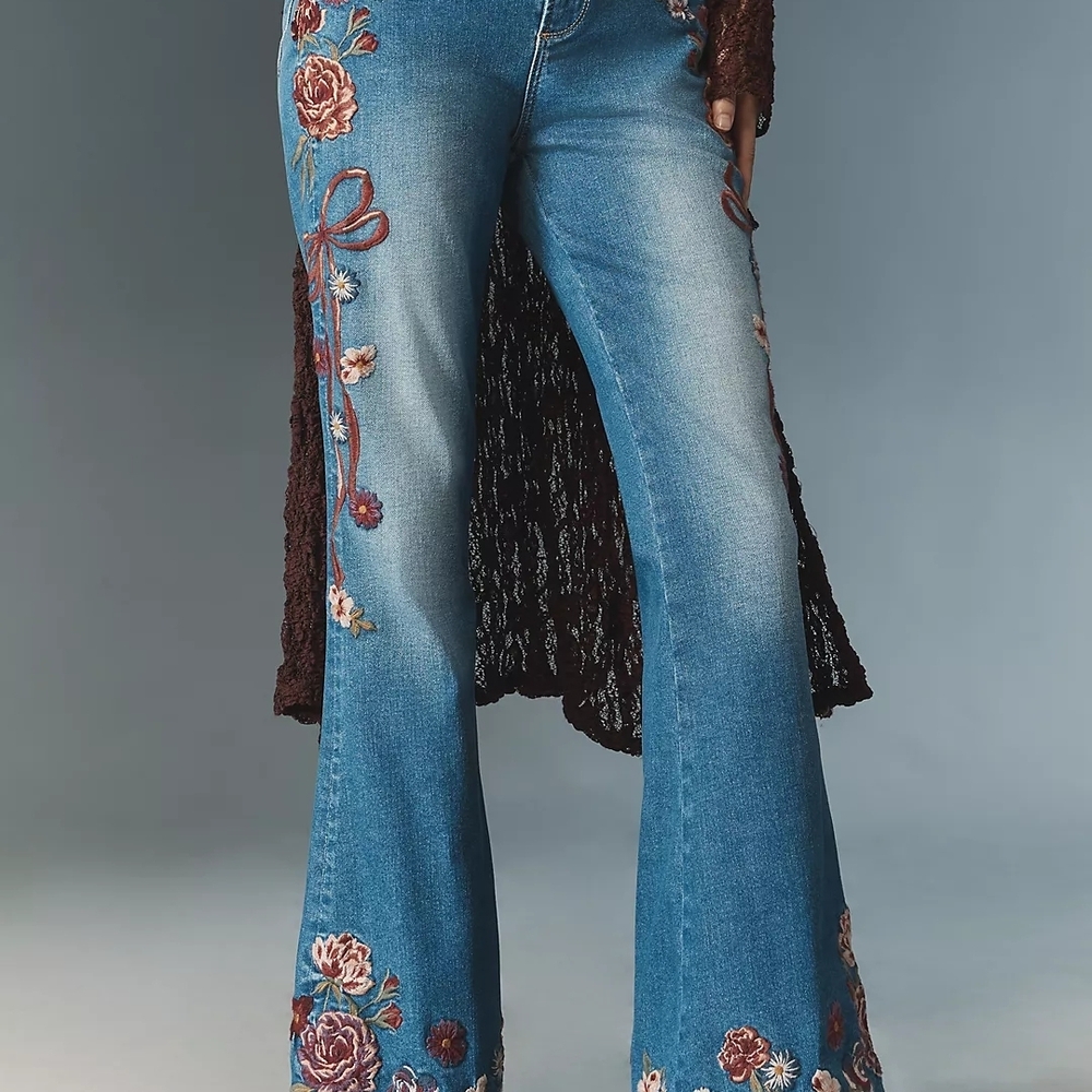 DRIFTWOOD Floral Embroidered Blue Flare Jeans